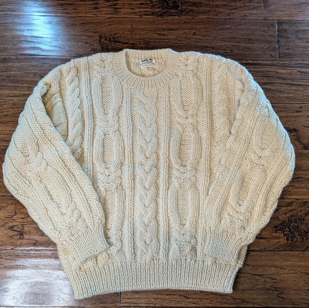 Bres Bis Vintage Hand Knit Cream Cable Knit Sweater Heavyweight Size Medium